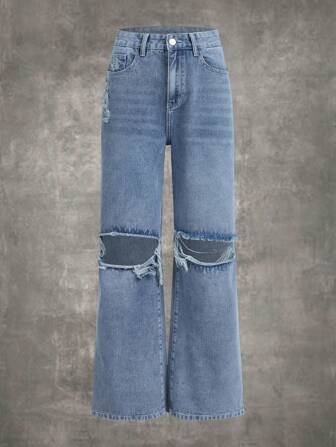 Grunge Punk Jeans a gamba dritta con strappati sfrangiato