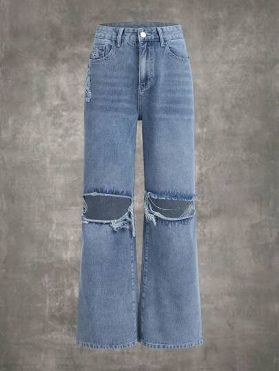 Grunge Punk Jeans mit geradem Beinschnitt, Riss,