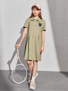 SHEIN 休閒字母女童連衣裙前紐扣 - 軍綠色 - 查看 1