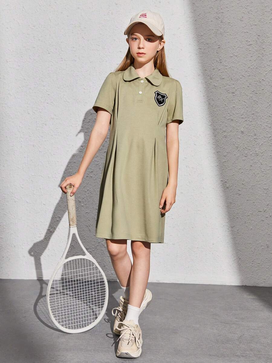 SHEIN 休閒字母女童連衣裙前紐扣 - 軍綠色 - 查看 1