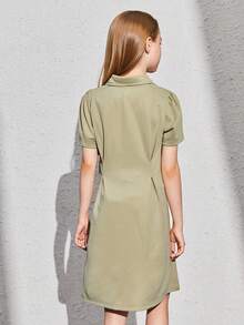 SHEIN 休閒字母女童連衣裙前紐扣 - 軍綠色 - 查看 2