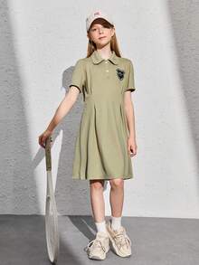 SHEIN 休閒字母女童連衣裙前紐扣 - 軍綠色 - 查看 4