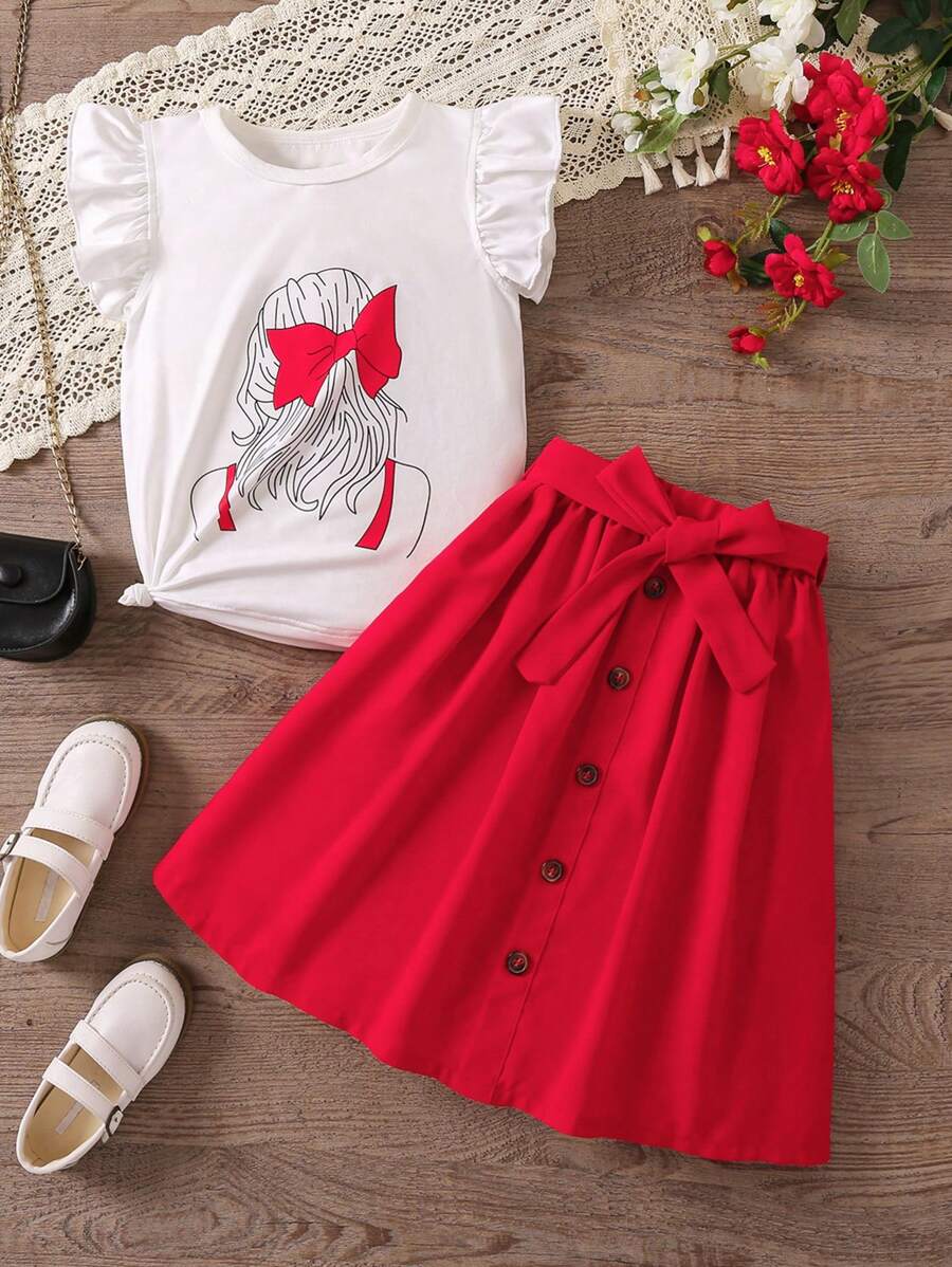 SHEIN Bộ thời trang bé gái Xù Nút phía trước Con số Dễ thương - Đỏ và trắng - Xem 1