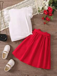 SHEIN Bộ thời trang bé gái Xù Nút phía trước Con số Dễ thương - Đỏ và trắng - Xem 2