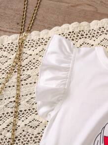 SHEIN Bộ thời trang bé gái Xù Nút phía trước Con số Dễ thương - Đỏ và trắng - Xem 3