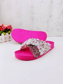 roulvxiang Xăng đan màu hồng nóng bỏng ngộ nghĩnh dành cho nữ, Xăng đan trượt trang trí sequin - Màu Hồng Tươi - Xem 4
