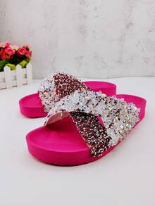 roulvxiang Xăng đan màu hồng nóng bỏng ngộ nghĩnh dành cho nữ, Xăng đan trượt trang trí sequin - Màu Hồng Tươi - Xem 5