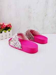 roulvxiang Xăng đan màu hồng nóng bỏng ngộ nghĩnh dành cho nữ, Xăng đan trượt trang trí sequin - Màu Hồng Tươi - Xem 6