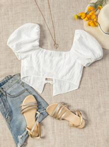 Soleia 泡泡袖前打結短款襯衫 - 白色 - 查看 2