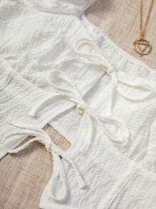 Soleia 泡泡袖前打結短款襯衫 - 白色 - 查看 3