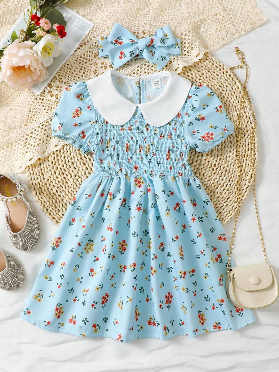 SHEIN 小女童碎花彼得潘領泡泡袖洋裝＆ 頭巾 - 藍色 - 查看 1