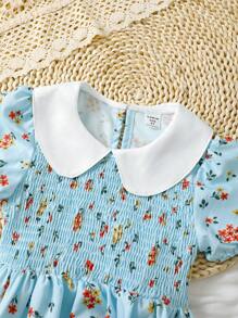 SHEIN 小女童碎花彼得潘領泡泡袖洋裝＆ 頭巾 - 藍色 - 查看 5