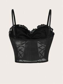 ROMWE Goth Contrast Lace Lace Up Mesh Bralet - Black - View 2
