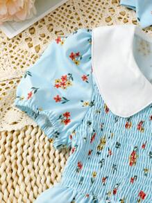 SHEIN 小女童碎花彼得潘領泡泡袖洋裝＆ 頭巾 - 藍色 - 查看 7