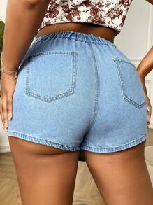 SHEIN SXY 大碼高腰百褶細節牛仔裙褲 - 淺色水洗藍 - 查看 2