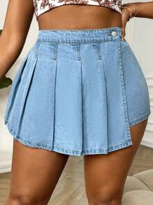 SHEIN SXY 大碼高腰百褶細節牛仔裙褲 - 淺色水洗藍 - 查看 3