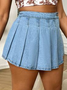 SHEIN SXY 大碼高腰百褶細節牛仔裙褲 - 淺色水洗藍 - 查看 5