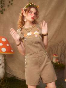 ROMWE Fairycore Quần yếm & áo liền quần denim dành cho nữ Nút Túi màu trơn - Lạc đà - Xem 3