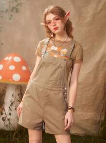 ROMWE Fairycore Quần yếm & áo liền quần denim dành cho nữ Nút Túi màu trơn - Lạc đà - Xem 5