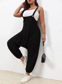Flirla Plus Solid Drop Crotch Overalls Without Tank Top - Black - View 3