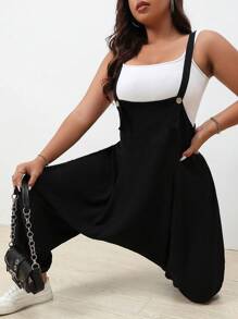 Flirla Plus Solid Drop Crotch Overalls Without Tank Top - Black - View 1