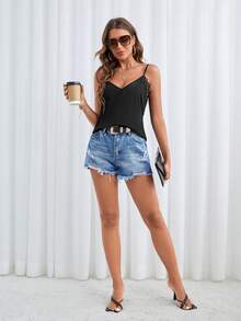 SHEIN Privé Guipure Lace Insert Cami Top - Black - View 5