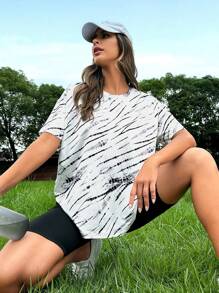 SHEIN Street Sport Allover Print Drop Shoulder Tee - Black and White - View 1