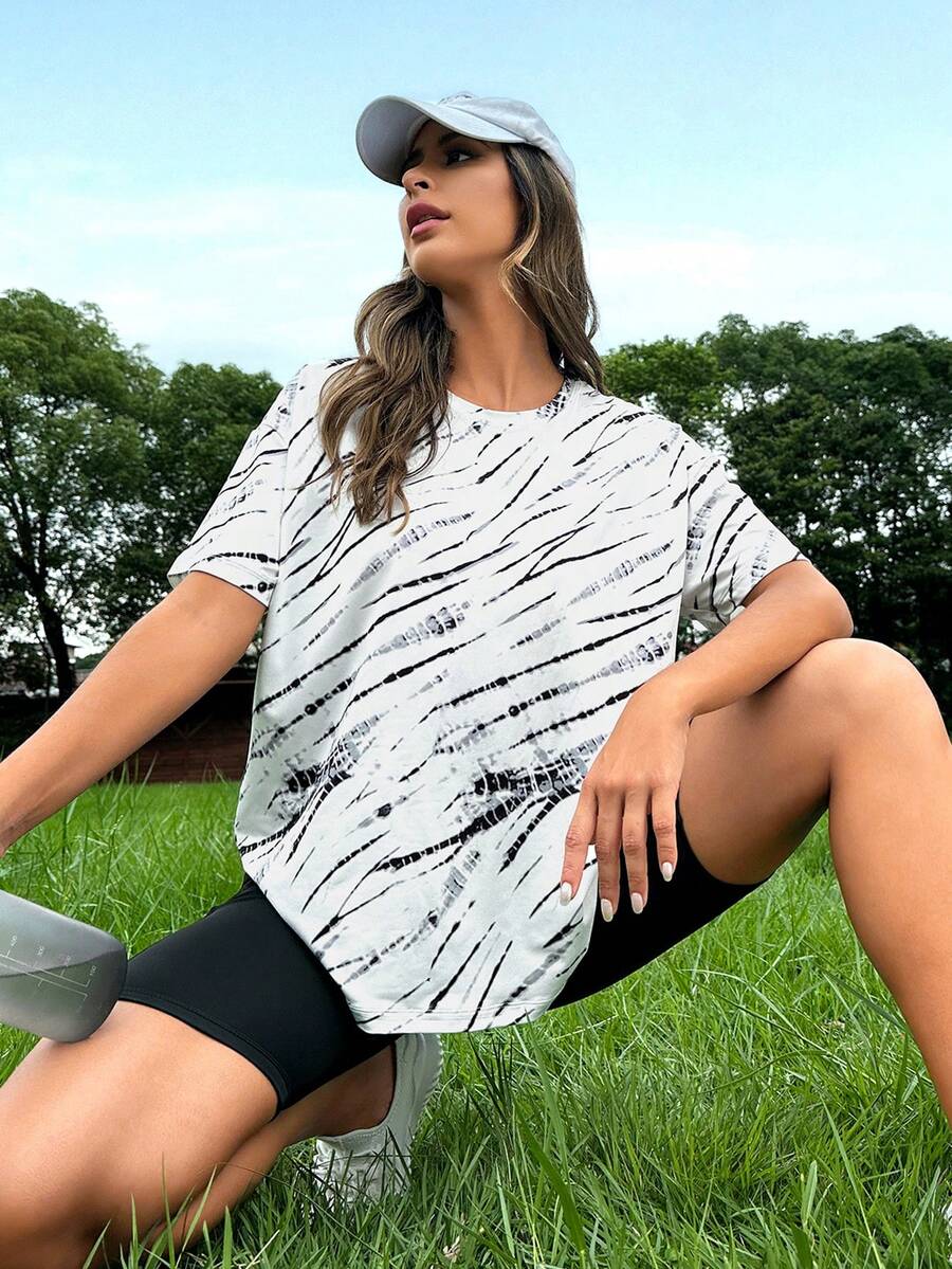 SHEIN Street Sport Allover Print Drop Shoulder Tee - Black and White - View 1
