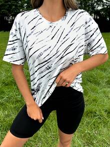 SHEIN Street Sport Allover Print Drop Shoulder Tee - Black and White - View 6