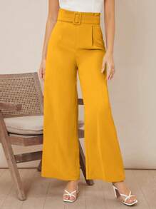 SHEIN Privé Quần nữ Thắt lưng Dây kéo Quần paper-bag màu trơn Thanh lịch - Màu vàng - Xem 4