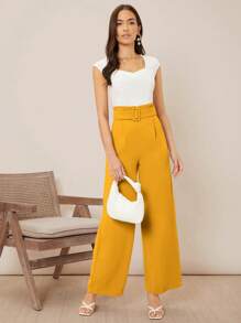 SHEIN Privé Quần nữ Thắt lưng Dây kéo Quần paper-bag màu trơn Thanh lịch - Màu vàng - Xem 5