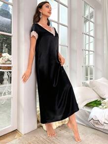 Váy ngủ & áo ngủ Nữ Tương phản ren Khối Màu - màu đen - Xem 5