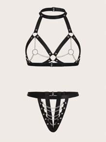Chain Linked Harness Lingerie Set - Black - View 1