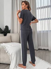 Slogan Graphic Contrast Side Seam Lounge Set - Blue - View 2