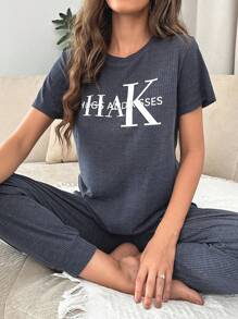 Slogan Graphic Contrast Side Seam Lounge Set - Blue - View 4