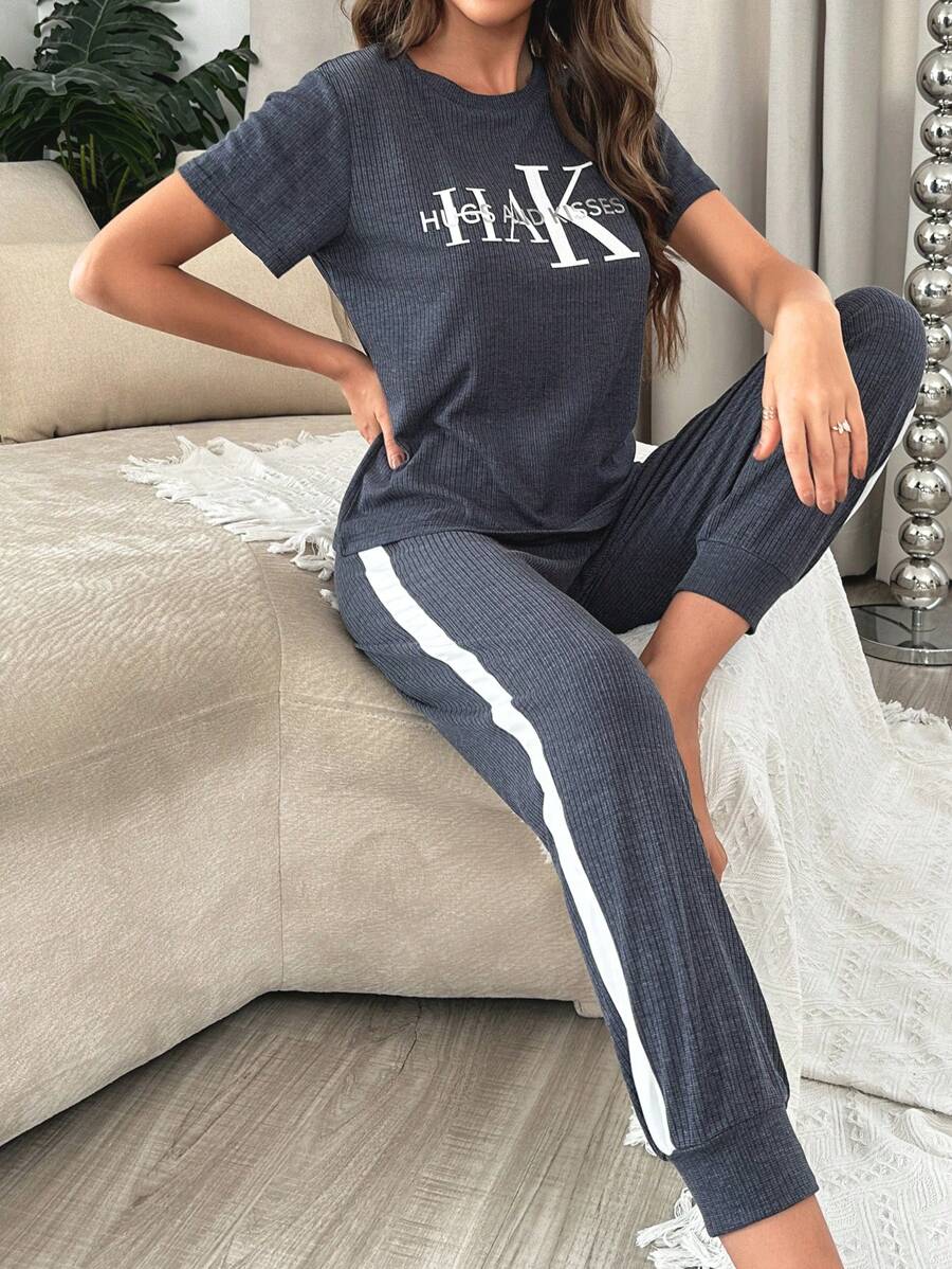 Slogan Graphic Contrast Side Seam Lounge Set - Blue - View 1