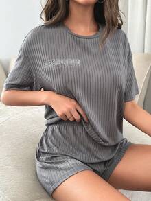 Letter Graphic Drop Shoulder Tee & Shorts Lounge Set - Dark Grey - View 3