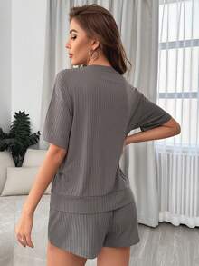 Letter Graphic Drop Shoulder Tee & Shorts Lounge Set - Dark Grey - View 2