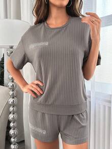Letter Graphic Drop Shoulder Tee & Shorts Lounge Set - Dark Grey - View 5