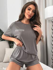 Letter Graphic Drop Shoulder Tee & Shorts Lounge Set - Dark Grey - View 6