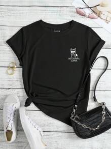 SHEIN LUNE Cartoon And Slogan Graphic Tee - Black - View 1