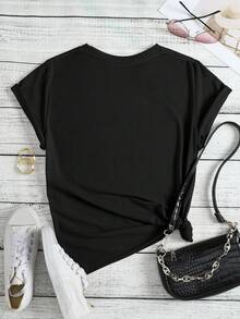 SHEIN LUNE Cartoon And Slogan Graphic Tee - Black - View 2