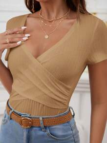 SHEIN Frenchy Body unicolor cruzado tejido de canalé - Albaricoque - Ver 3