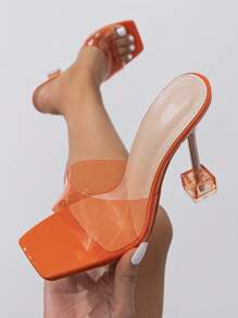 前衛橘色涼鞋透明帶高跟穆勒涼鞋 - 橘色 - 查看 1
