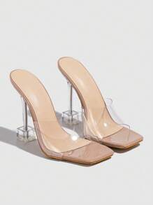 Fashion Sandals For Women, Clear Strap Sculptural Heeled Mule Sandals - Clear - View 4