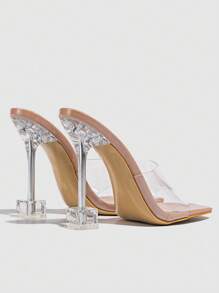 Fashion Sandals For Women, Clear Strap Sculptural Heeled Mule Sandals - Clear - View 5