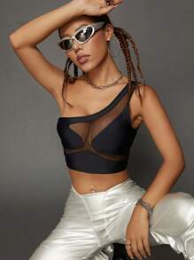 SHEIN ICON One Shoulder Contrast Mesh Crop Top - Black - View 3