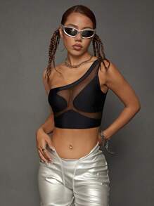 SHEIN ICON One Shoulder Contrast Mesh Crop Top - Black - View 5