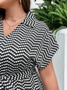 SHEIN Frenchy 大碼休閒腰帶圓點連衣裙 - 黑與白 - 查看 7