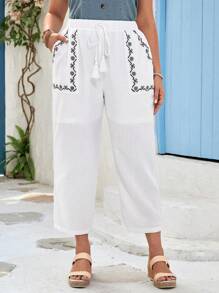 EMERY ROSE Hơn In hoa Tua Dây thắt lưng Quần - trắng - Xem 1